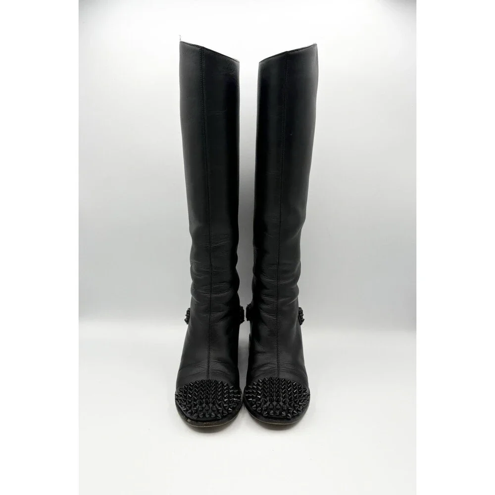 Christian Louboutin Black Leather Spike Cap Toe Egoutina Knee High Boots EU 35